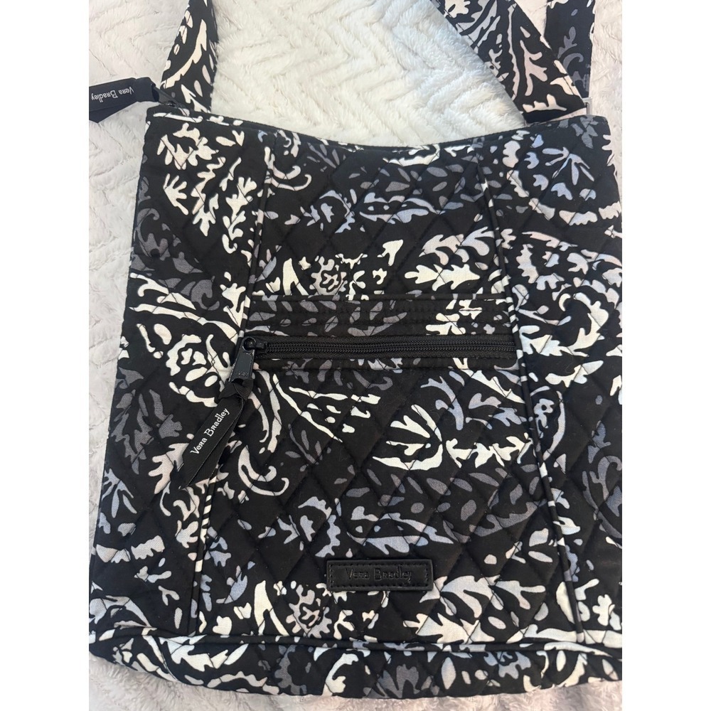 Vera Bradley Iconic Triple Zip Hipster Crossbody Black Gray Floral Quilted Purse